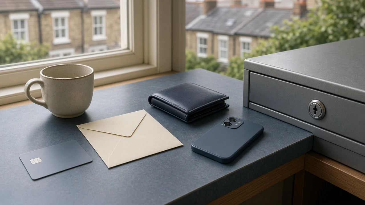 Bank card and wallet arranged beside a secured cash drawer